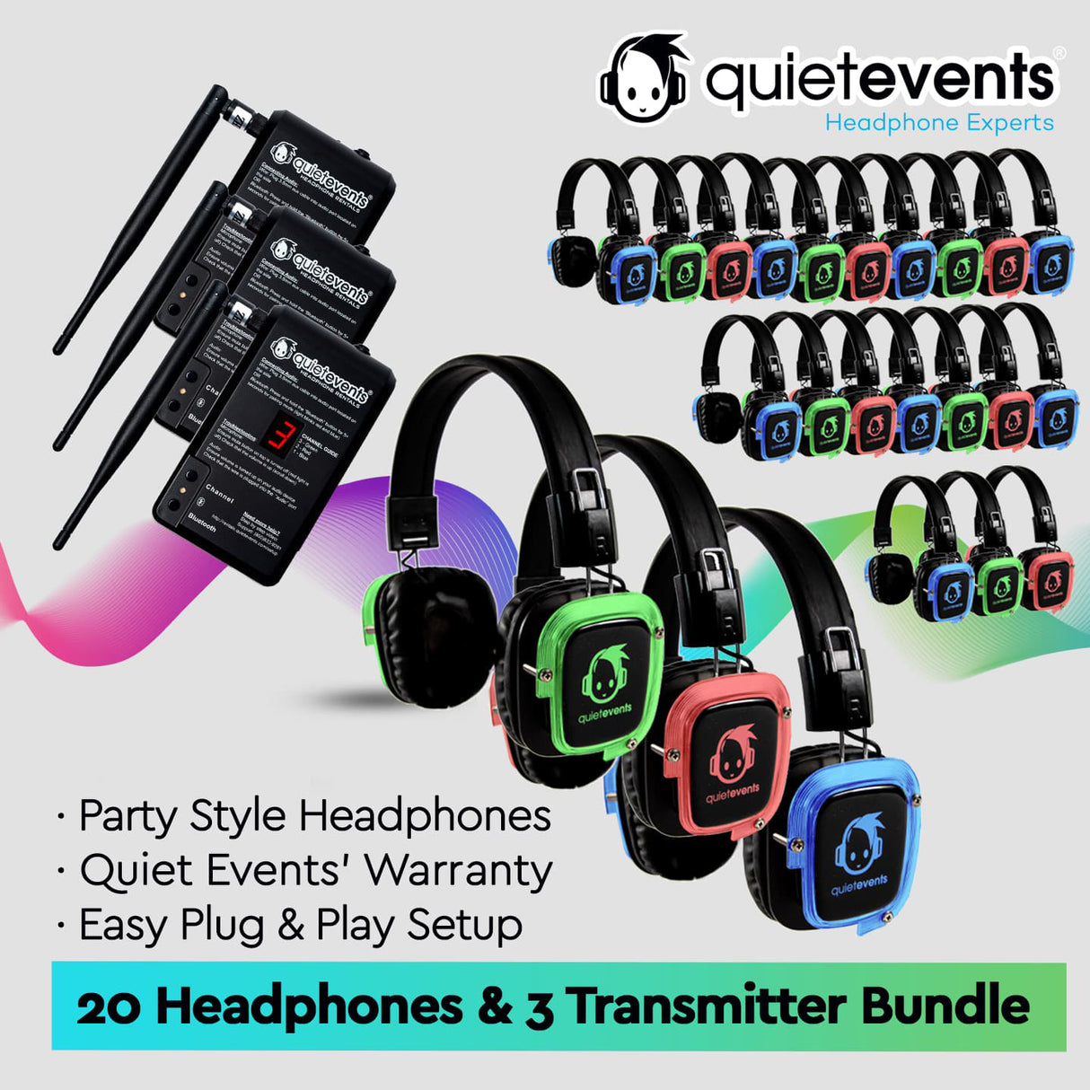 Pulse Party Bundle - 20 Headphones + 3 Transmitters Silent Disco Bundle (Pulse Party 3CH)
