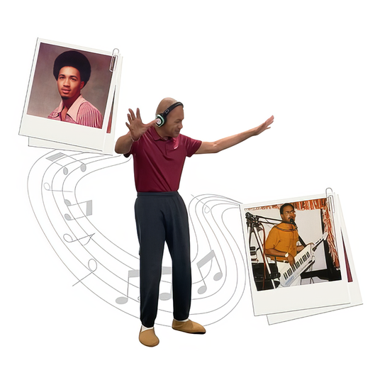 Quiet Events Silent Disco headphones for schools. An older gentleman with his picture from school and working as a musician.