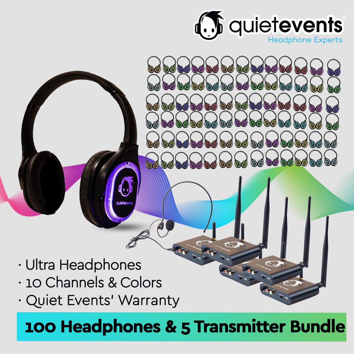 Conference & Meetings Bundle - 100 Headphones + 5 Transmitters Silent Disco Bundle (Ultra1 900 10CH)