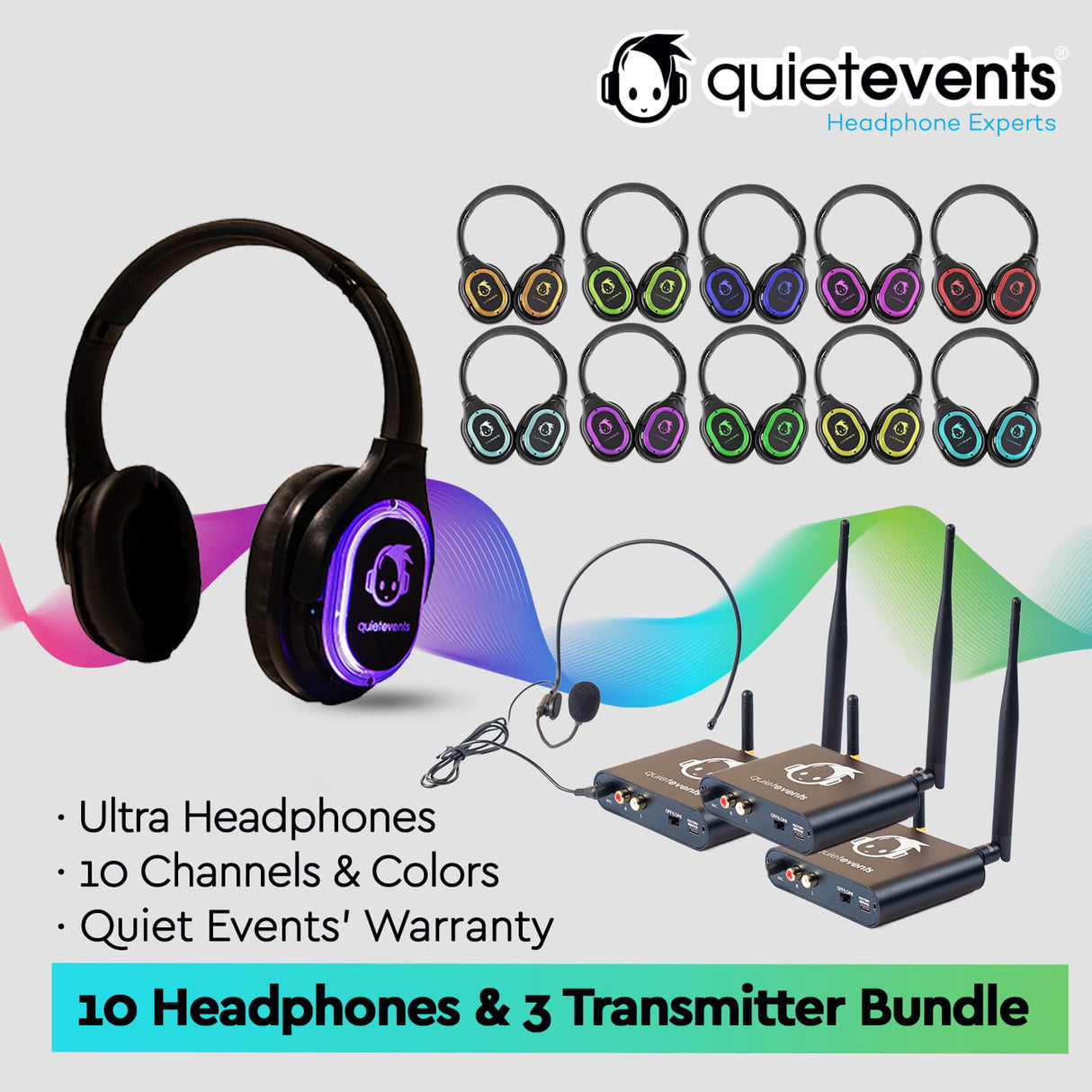 Conference & Meetings Bundle - 10 Headphones + 3 Transmitters Silent Disco Bundle (Ultra1 900 10CH)