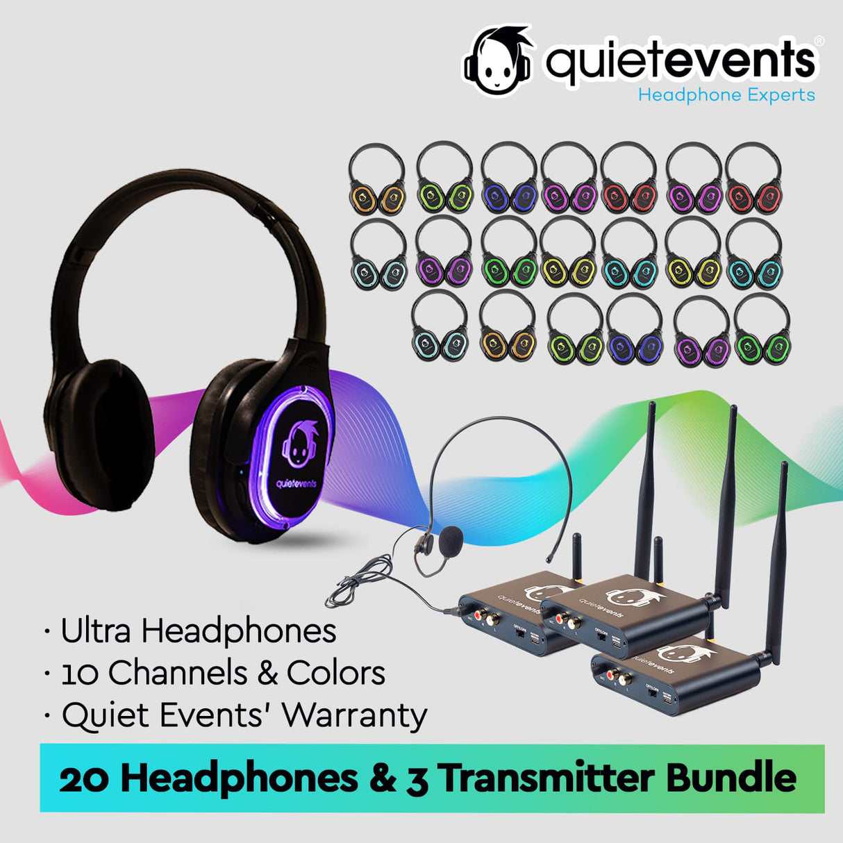 Conference & Meetings Bundle - 20 Headphones + 3 Transmitters Silent Disco Bundle (Ultra1 900 10CH)
