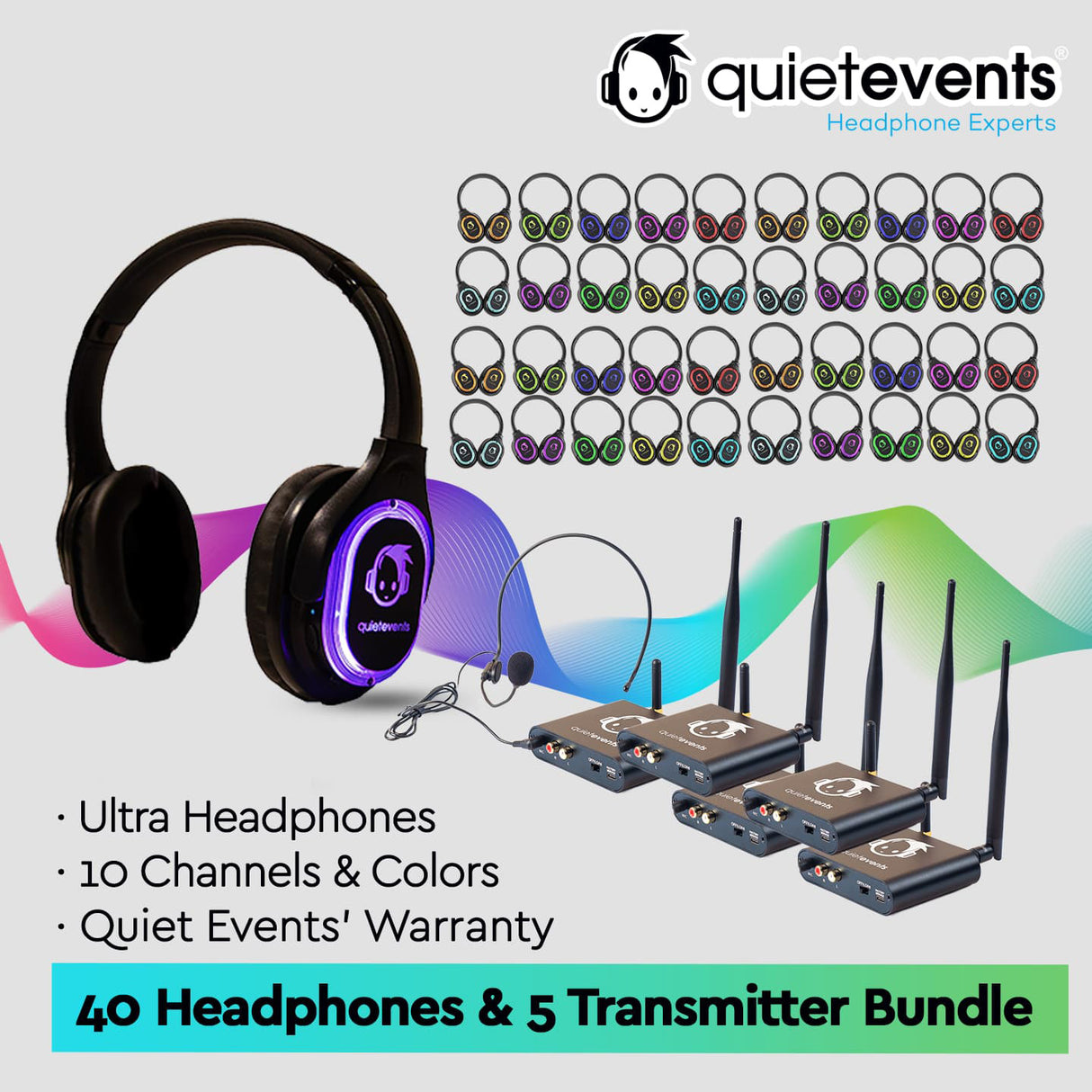 Conference & Meetings Bundle - 40 Headphones + 5 Transmitters Silent Disco Bundle (Ultra1 900 10CH)