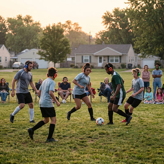Early-morning sporting event using silent headphones to avoid noise restrictions