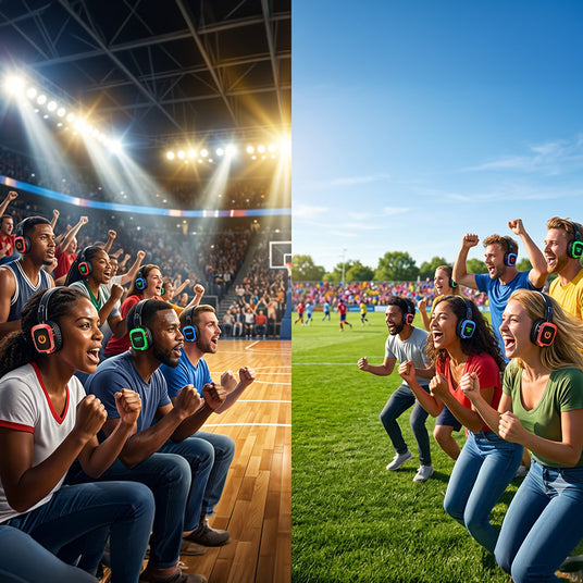 Silent disco headphone system working at both an indoor arena and an outdoor sports field