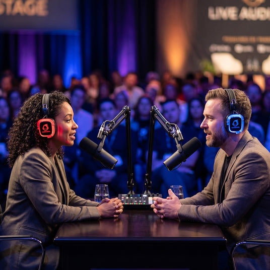 Podcast hosts wearing silent disco headphones during a live interview