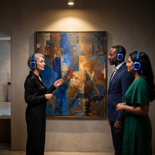 Private VIP art viewing with a collector using personal-channel headphones
