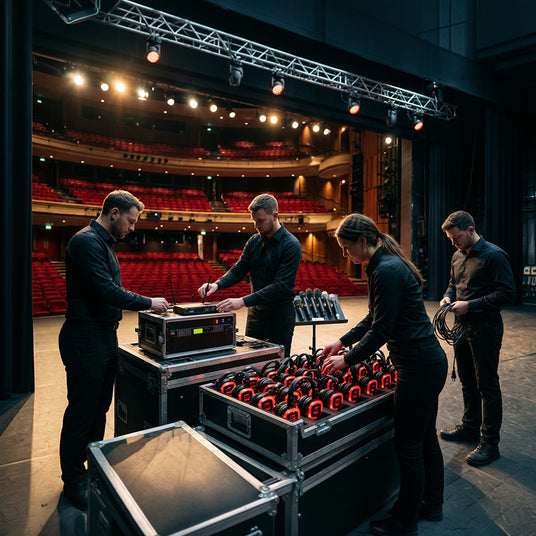 Quiet Events team setting up a turnkey silent headphone system for a theater production