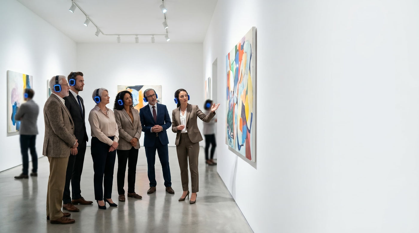 Art gallery guests in glowing Quiet Events headphones on a silent guided tour