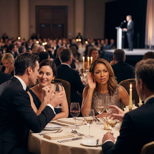 Crowded charity gala ballroom where donors strain to hear the fundraising appeal over noise