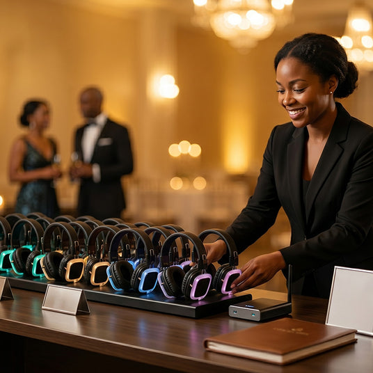 Quiet Events staff setting up a turnkey headphone system for a nonprofit fundraising event
