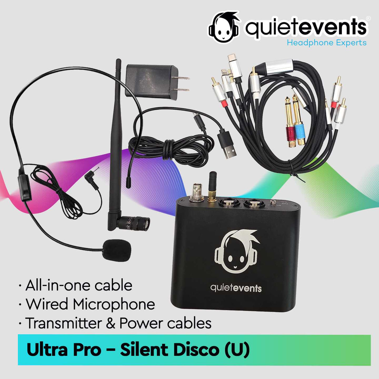 QuietEvents Ultra Pro Silent Disco audio equipment set on a grey background