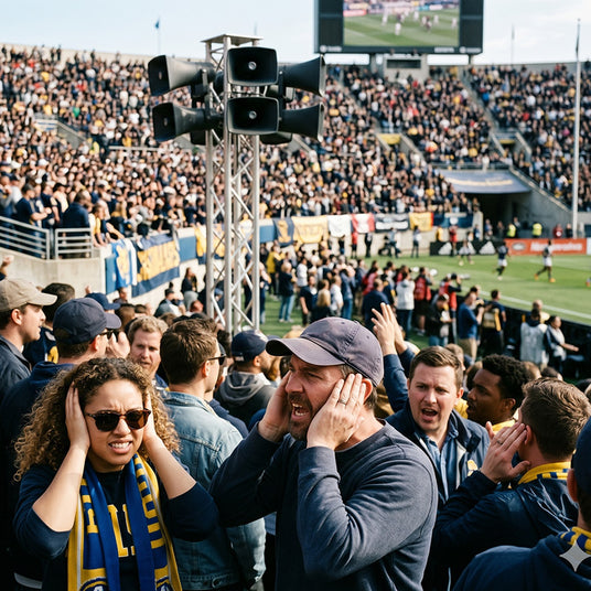 Fans at a sporting event straining to hear announcements over crowd noise and a distant PA