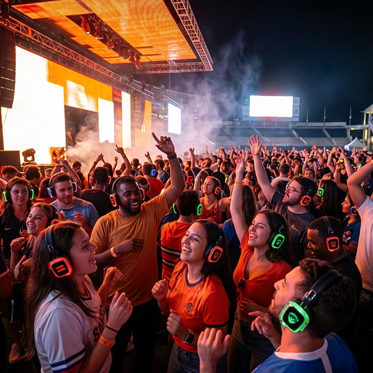 Fans dancing in glowing headphones at a sporting event silent disco fan zone