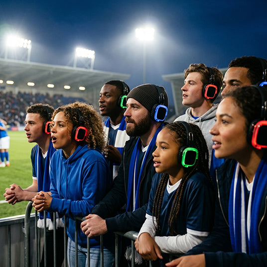 Sporting event fans wearing wireless headphones hearing crystal-clear announcements