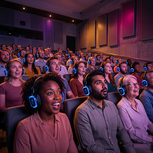 Audience enjoying a unique personalized theater experience with wireless headphones