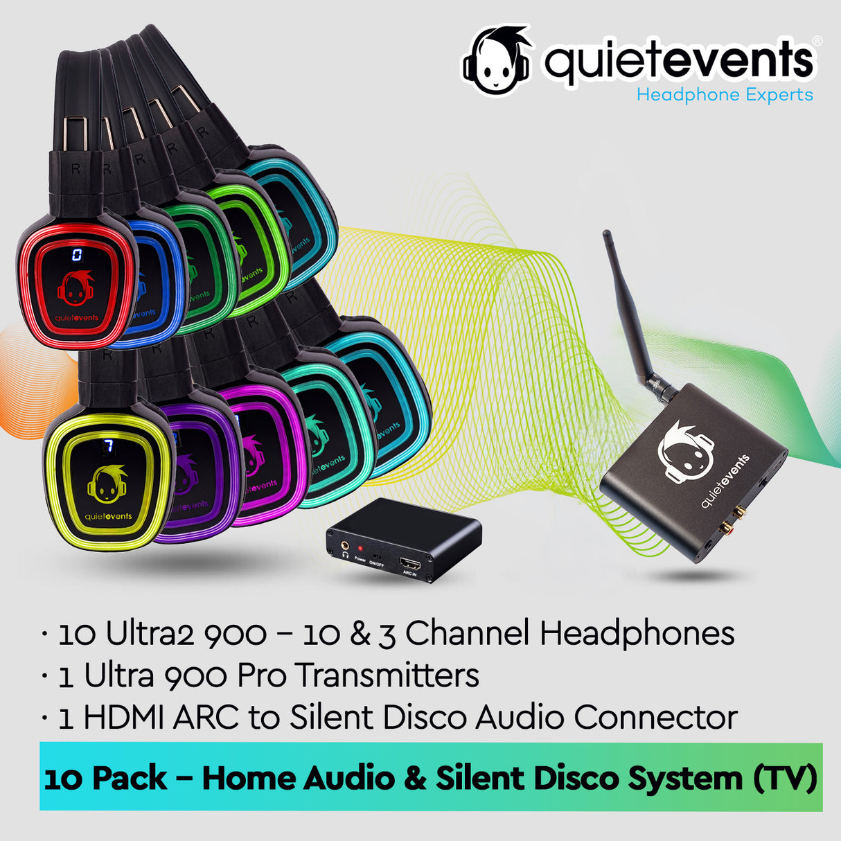 Wireless Home Audio Silent Disco System (TV & Projectors) - 10 Pack