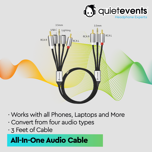 An all-in-one audio cable with various connectors including USB C, Lighting, and 3.5mm to RCA, designed for use with phones, laptops, and other audio devices.