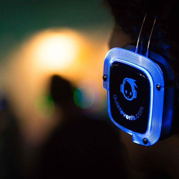 Quiet Events Silent Disco headphones for meditation with a focus on a headphone earpiece.