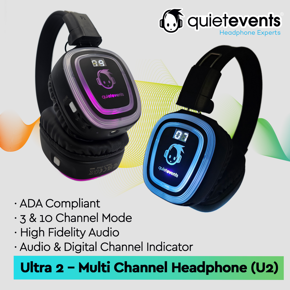 Over-ear silent disco headphones with digital channel display, buttons, and a color-off option, marketed by Quiet Events as ADA compliant and with high fidelity audio.