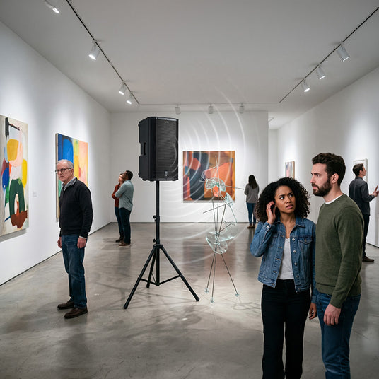 Loudspeaker audio disrupting a quiet contemporary art gallery exhibition