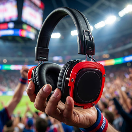 Branded LED sporting event headphones with sponsor logos at a fast turnkey setup