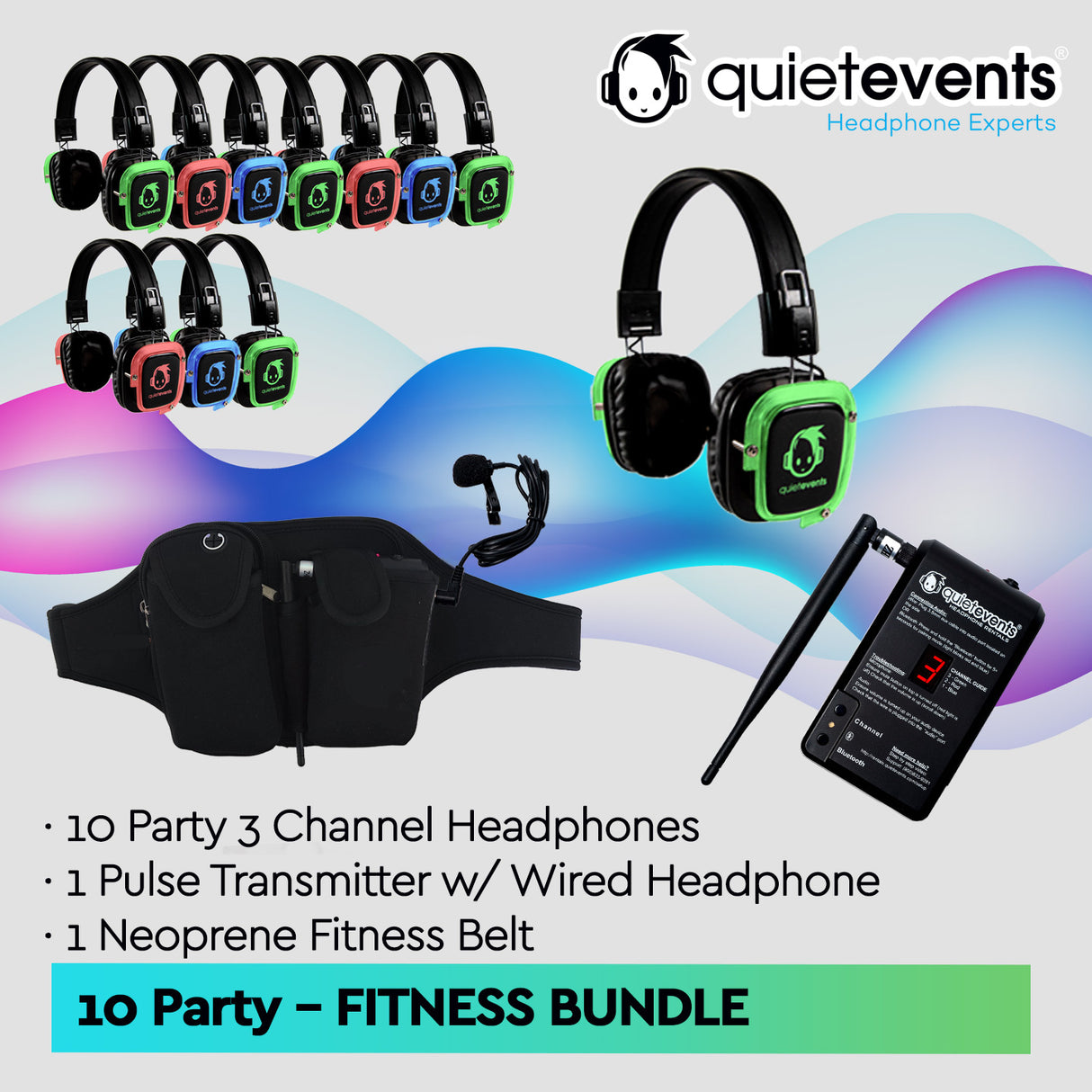 Fitness Bundle - 10 Headphones + 1 Transmitter Silent Disco Bundle (Pulse Party 3CH)