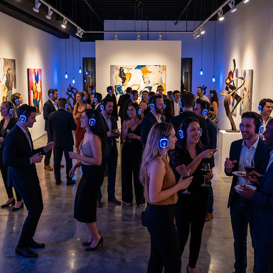 Gallery opening reception silent disco with guests in glowing headphones
