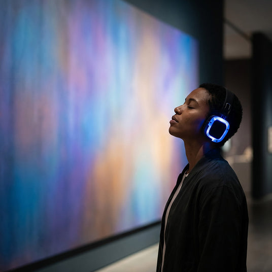 Visitor experiencing an immersive art installation soundscape through headphones