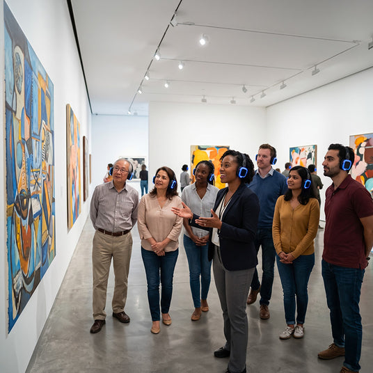 Diverse gallery visitors on a multi-language guided tour using wireless headphones
