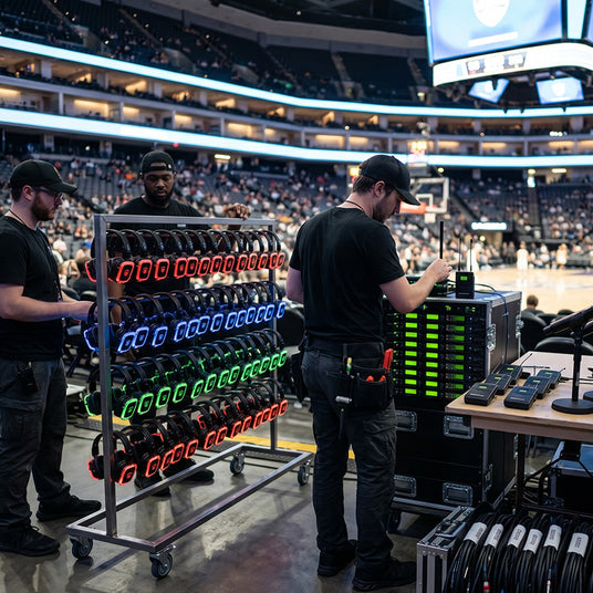 Quiet Events team running a turnkey silent disco headphone setup at a sporting event