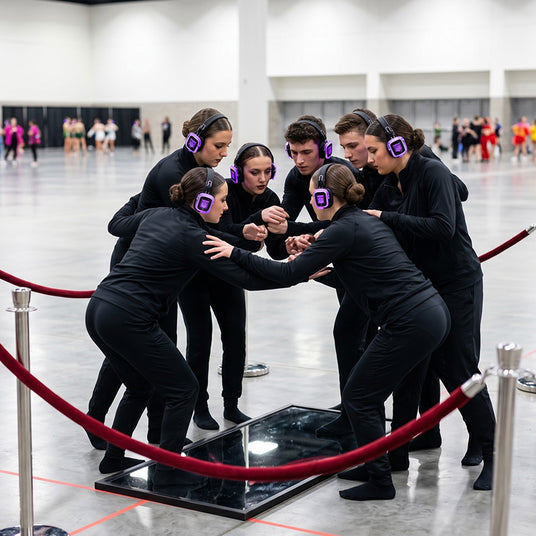 Dance team practicing privately on a locked secure channel with Quiet Events headphones