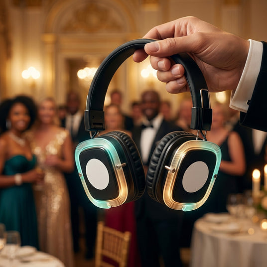 Branded LED charity fundraiser headphones displaying event sponsor logos