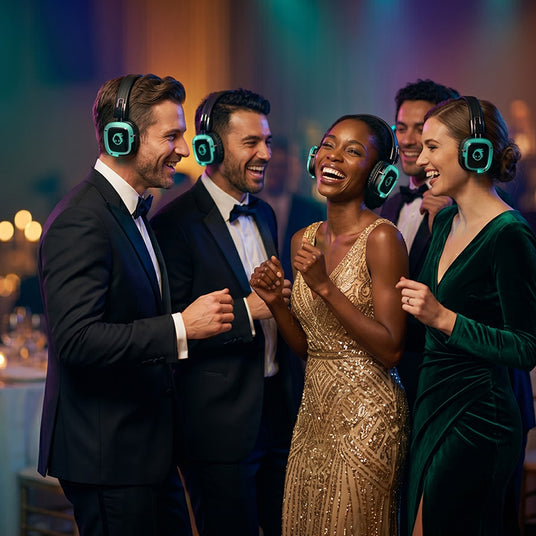 Donors dancing in glowing headphones at a silent disco charity fundraiser