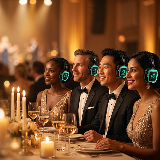 Charity gala guests wearing wireless silent disco headphones hearing the program clearly