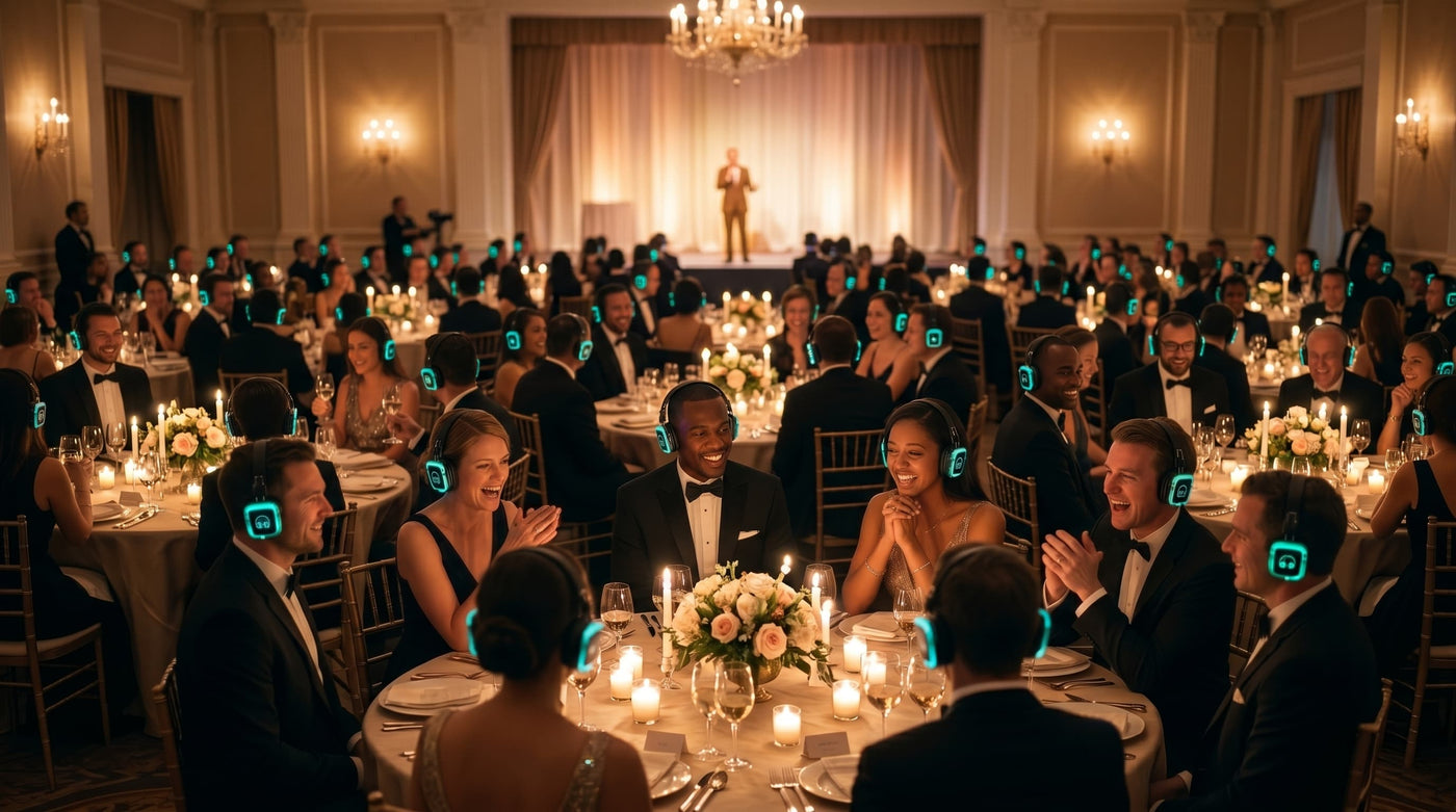 Charity gala guests in glowing Quiet Events headphones during a fundraising appeal