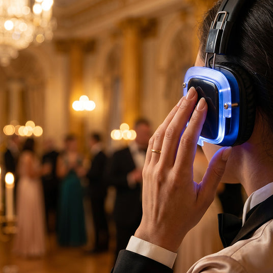 Guests switching between program, music, and translation channels on charity event headphones