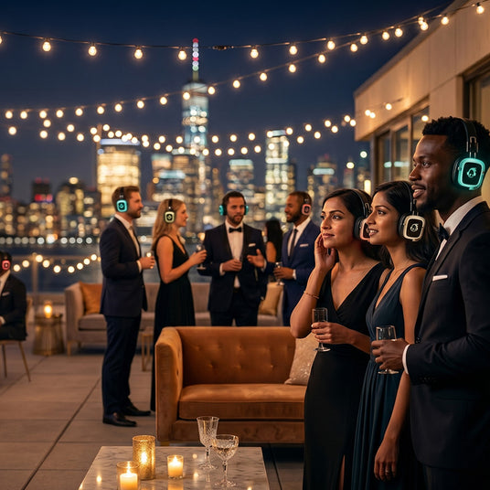 Rooftop charity fundraiser at night using silent disco headphones in a noise-restricted venue