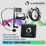 QuietEvents Ultra Pro Silent Disco audio equipment set on a grey background