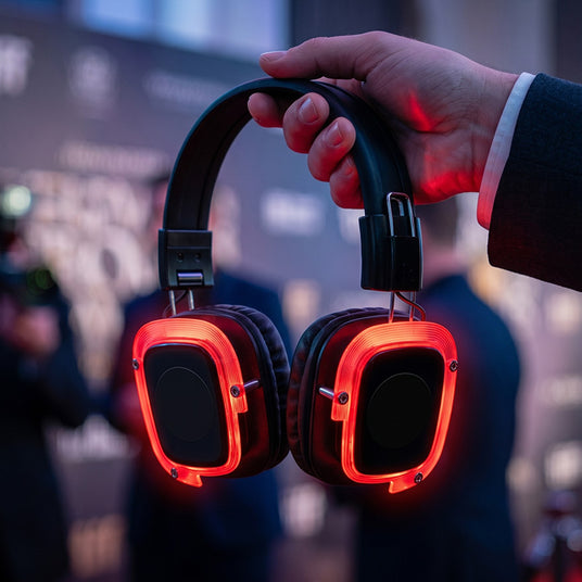 Branded glowing LED listening party headphones featuring artist and sponsor branding