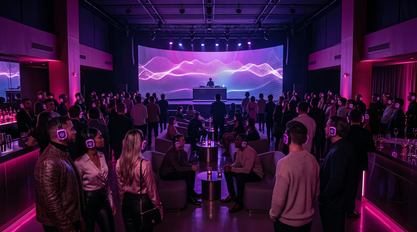 Listening party guests in glowing Quiet Events headphones hearing an album premiere