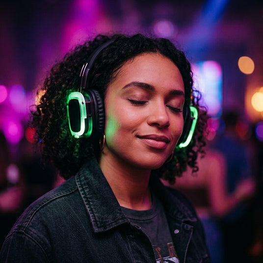 Listening party guest immersed in an album wearing over-ear noise-reducing headphones