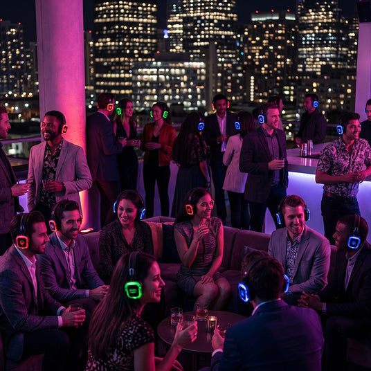 Rooftop listening party at night using wireless headphones instead of loudspeakers