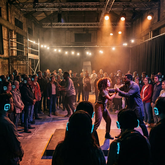 Actors and audience in a silent promenade theater rehearsal using headphones
