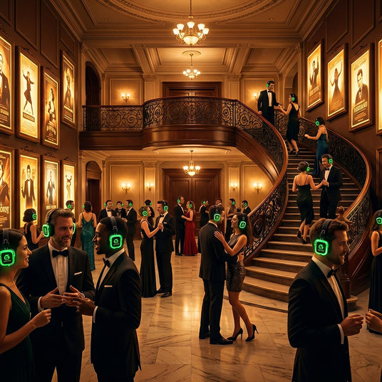 Theater opening-night event with guests in glowing silent-disco headphones